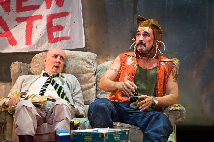 Professor (Alan David) and Johnny Rooster Bryon (Mark Rylance) in Jerusalem, photo Simon Annand