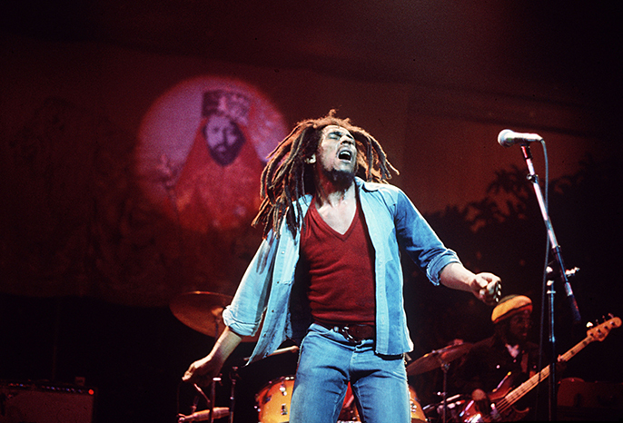 Bob Marley live in performance. Credit Fifty-Six Hope Road Music Ltd © Adrian Boot