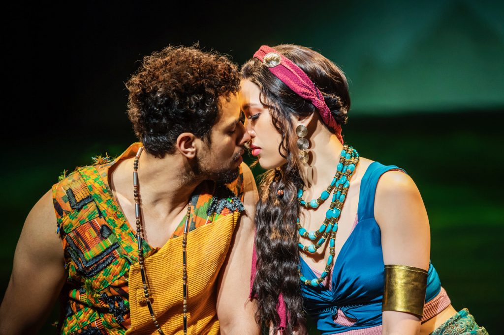 Luke Brady as Moses and Christine Allado as Tzipporah in The Prince Of Egypt, credit Tristram Kenton © DWA LLC