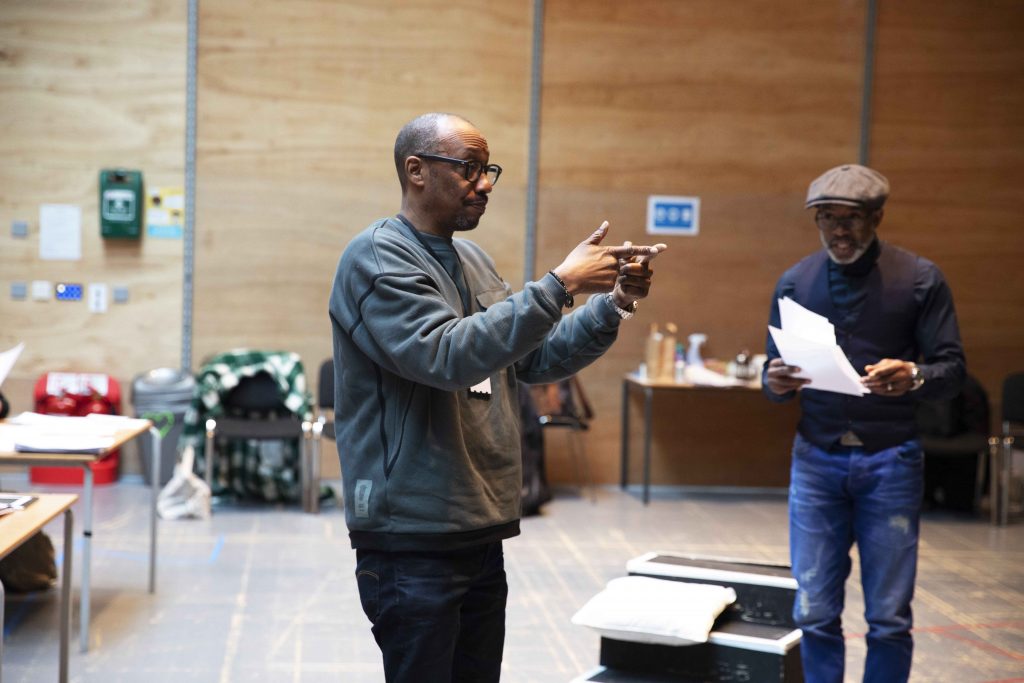 Director Michael Buffong, Wil Johnson. Suzette Llewellyn. Running with Lions rehearsals. Credit Zeinab Batchelor