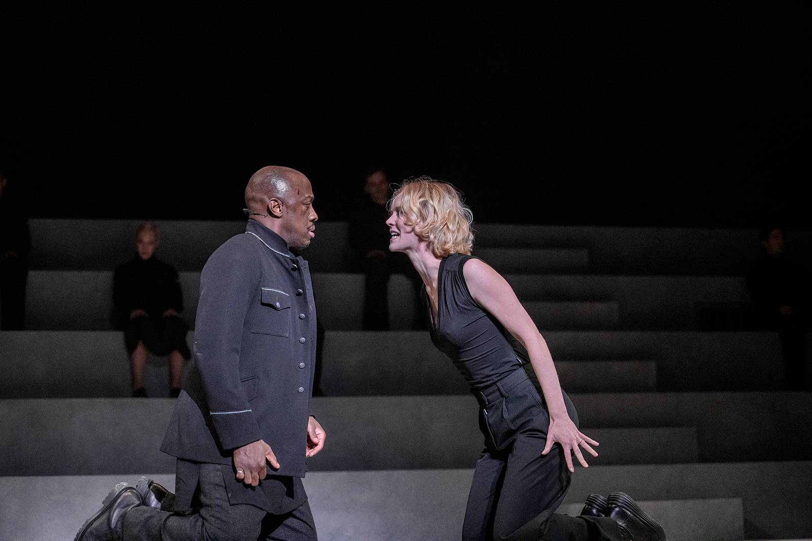 Giles Terera (Othello) and Rosy McEwen (Desdemona) in Othello at the National Theatre. Image credit- Myah Jeffers