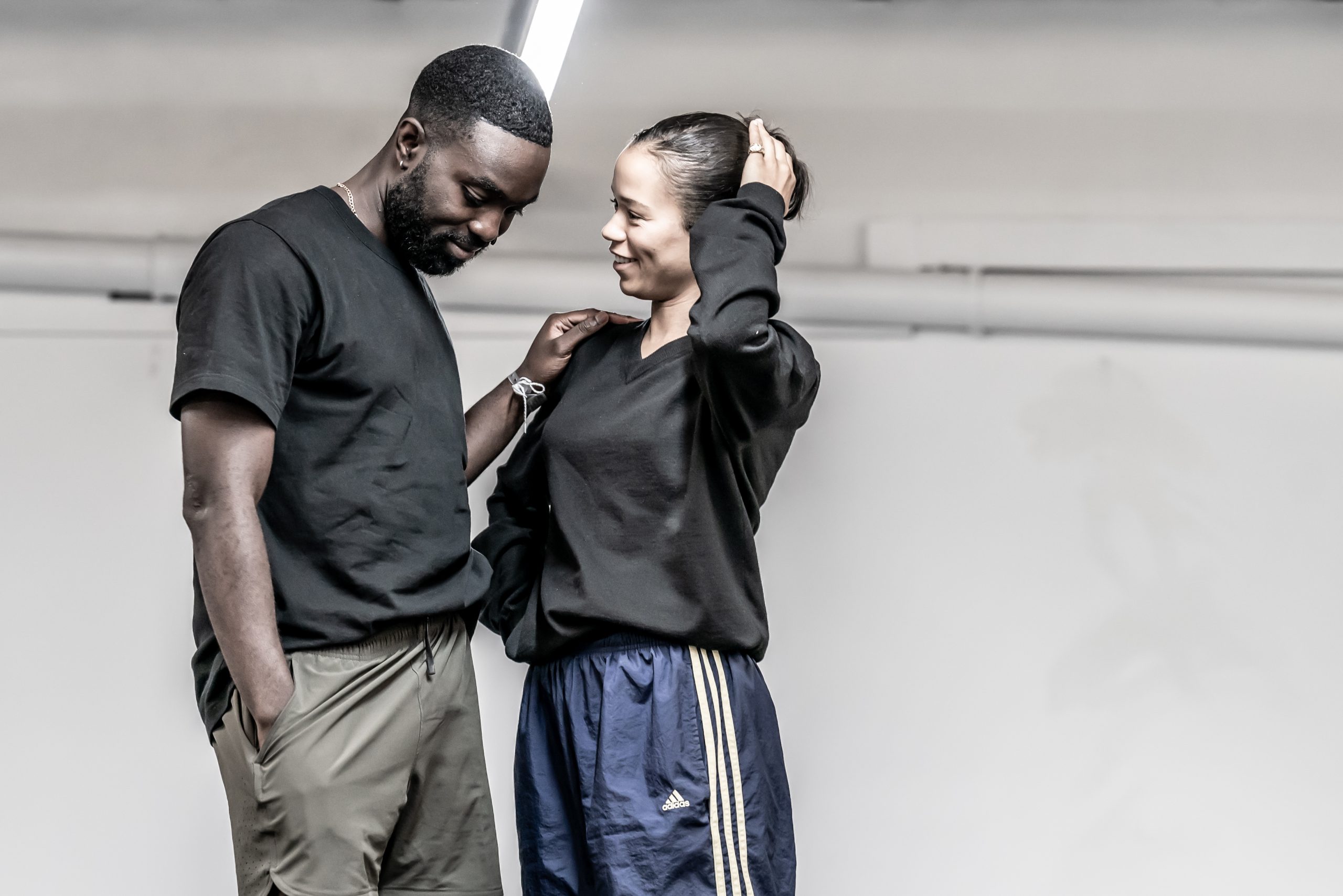 Paapa Essiedu (Tristan) and Taylor Russell (Connie) in rehearsal for The Effect at National Theatre. Image credit Marc Brenner