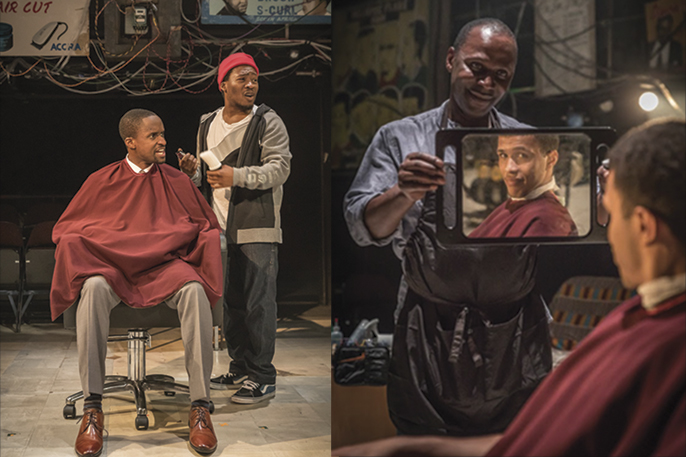 [left] - Fisayo Akinade (Samuel) and Peter Bankol (Kwabena) and [right] Cyril Nri (Emmanuel) Kwami Odoom (Ethan) in Barber Shop Chronicles at the National Theatre (c) Marc Brenner