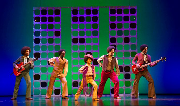 l-r Brandon Lee Sears, Samuel Edwards, Eshan Gopal, Simon Ray Harvey, Simeon Montague as The Jackson 5 in Motown the Musical at the Shaft