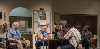 Downstate by Bruce Norris Pictured (L to R) ensemble member Francis Guinan (Fred), ensemble member Glenn Davis (Gio), Celilia Noble (Ivy), Eddie Torres (Felix) and ensemble member K. Todd Freeman. Photo by Michael Brosilow.