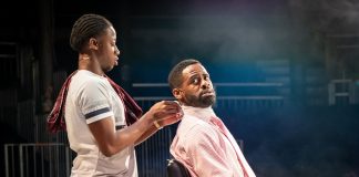 Barber Shop Chronicles by Inua Ellams Mohammed Mansaray and Okorie Chukwu in Barber-Shop Chronicles at the Roundhouse - c Marc Brenner