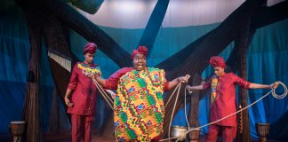 Anansi the Spider – review Afia Abusham, Juliet Okotie and Sapphire Joy in Anansi the Spider at the Unicorn Theatre. Photo Craig Sugden