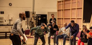 Inua Ellams’ Three Sisters – behind the scenes The company in rehearsals for Three Sisters. Photo by The Other Richard.