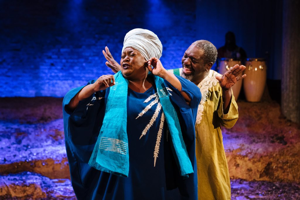 Jumoké Fashola (Mosun) and David Webber(Segun) in 'The High Table' at the Bush Theatre. Photo credit Helen Murray