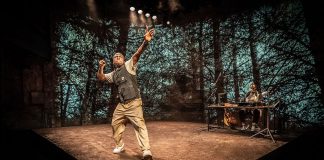 and breathe… review and breathe... at the Almeida Theatre. David Jonsson and Femi Temowo (musician). photo credit - Marc Brenner