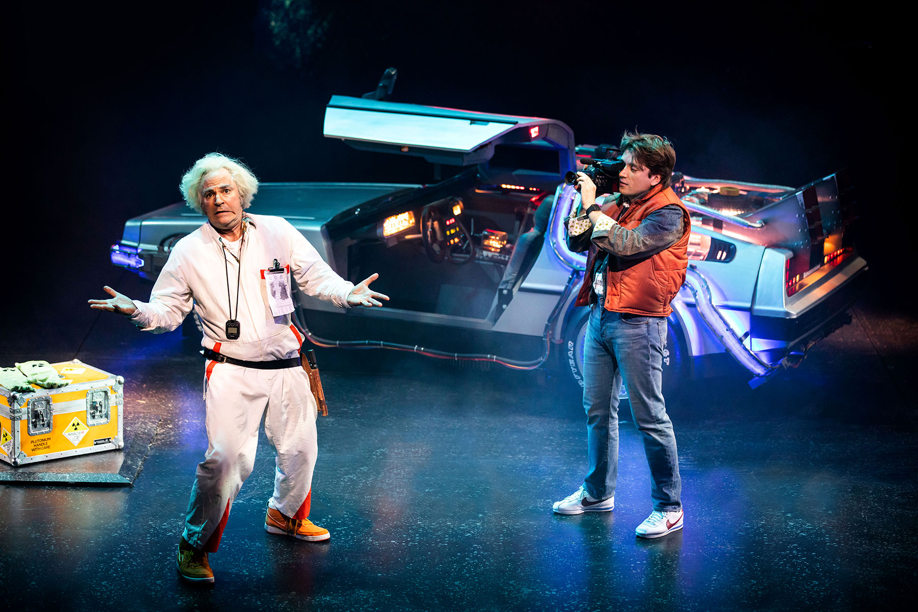 Roger Bart as Doc Brown & Olly Dobson as Marty McFly in Back to the Future the Musical, credit Sean Ebsworth Barnes