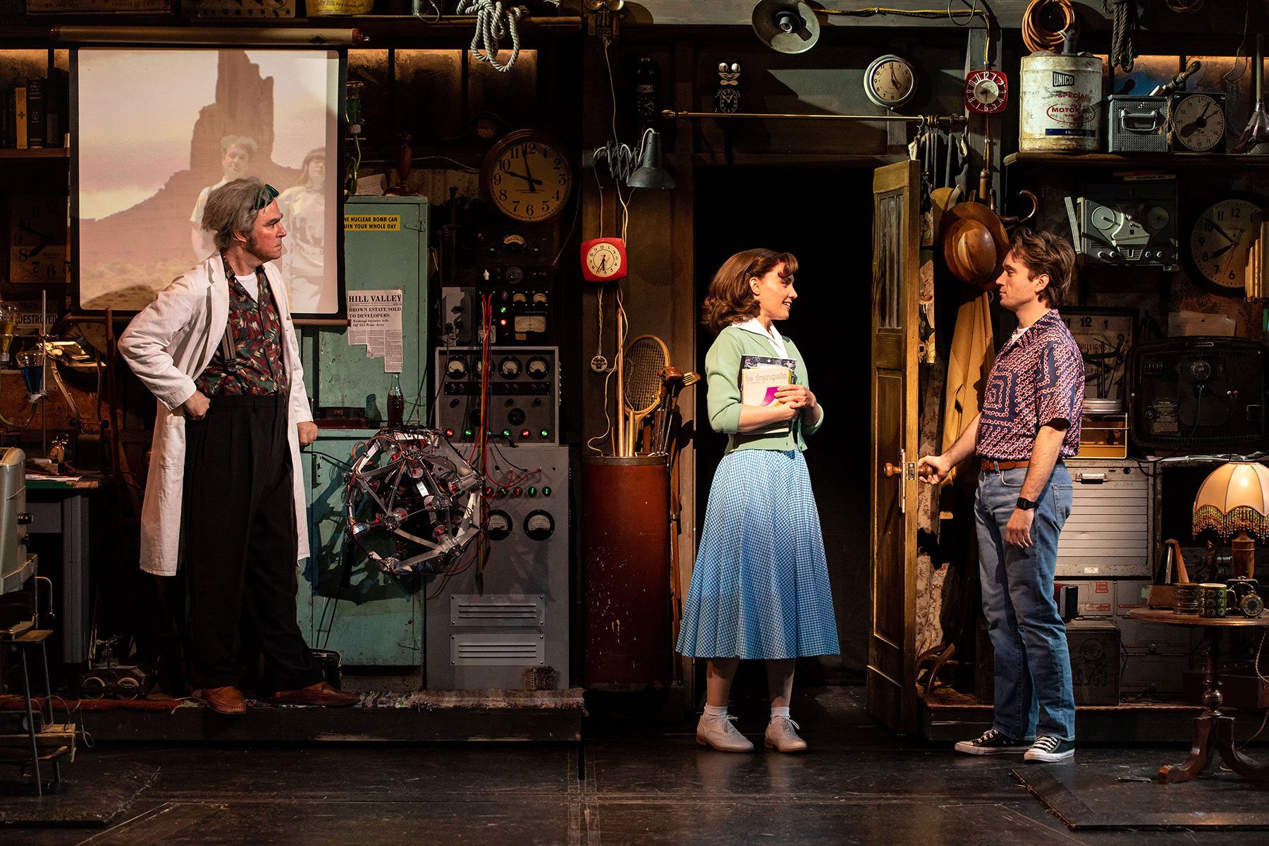 Roger Bart as Doc Brown, Rosanna Hyland as Lorraine Baines & Olly Dobson as Marty McFly in Back to the Future the Musical, credit Sean Ebsworth Barnes