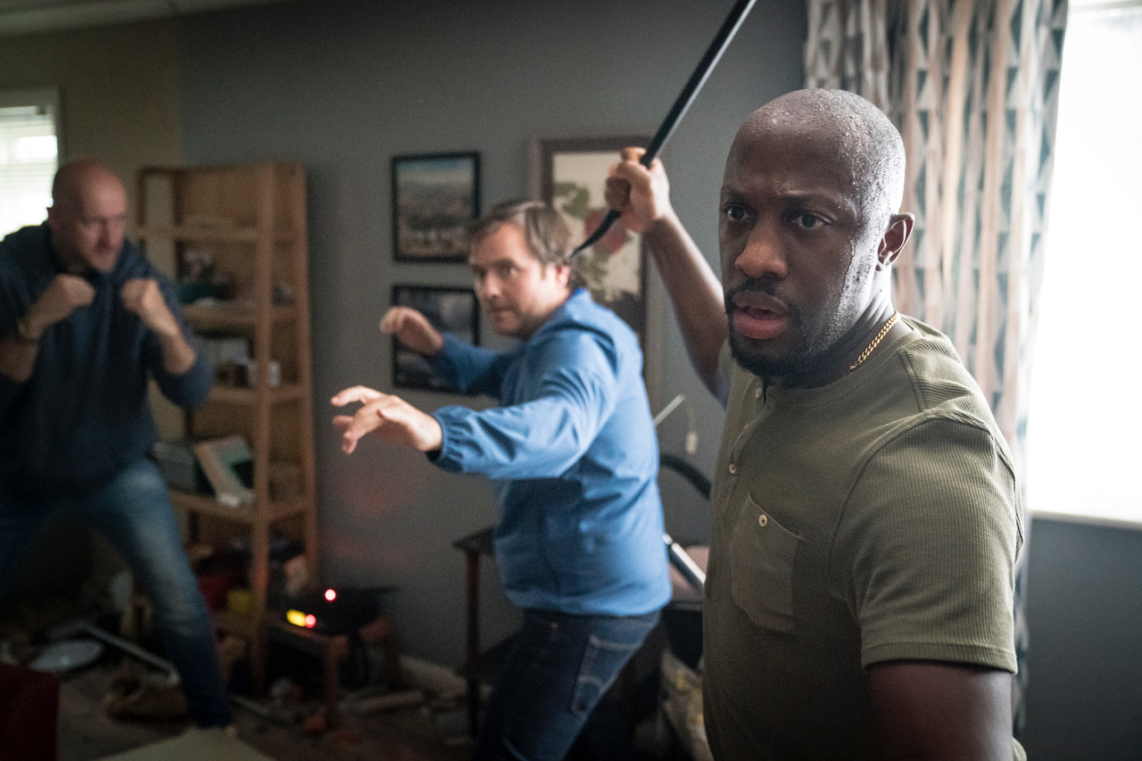 Neil Maskell (Michael) and Giles Terera (Delroy) in Death of England_ Face to Face at the National Theatre. Photo by Steffan Hill