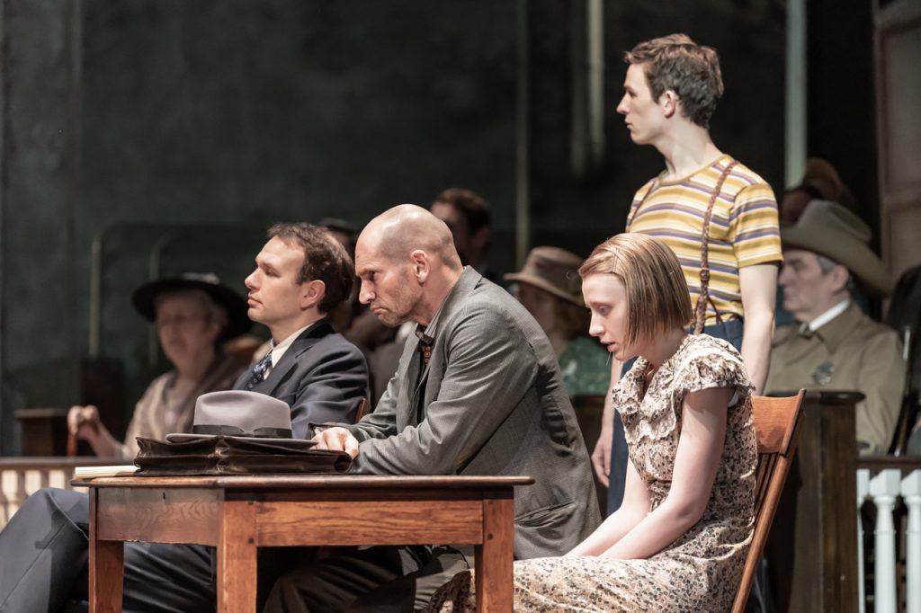 David Sturzaker (Horace Gilmer), Patrick O’Kane (Bob Ewell), Poppy Lee Friar (Mayella Ewell), David Moorst (Dill Harris) – photo by Marc Brenner