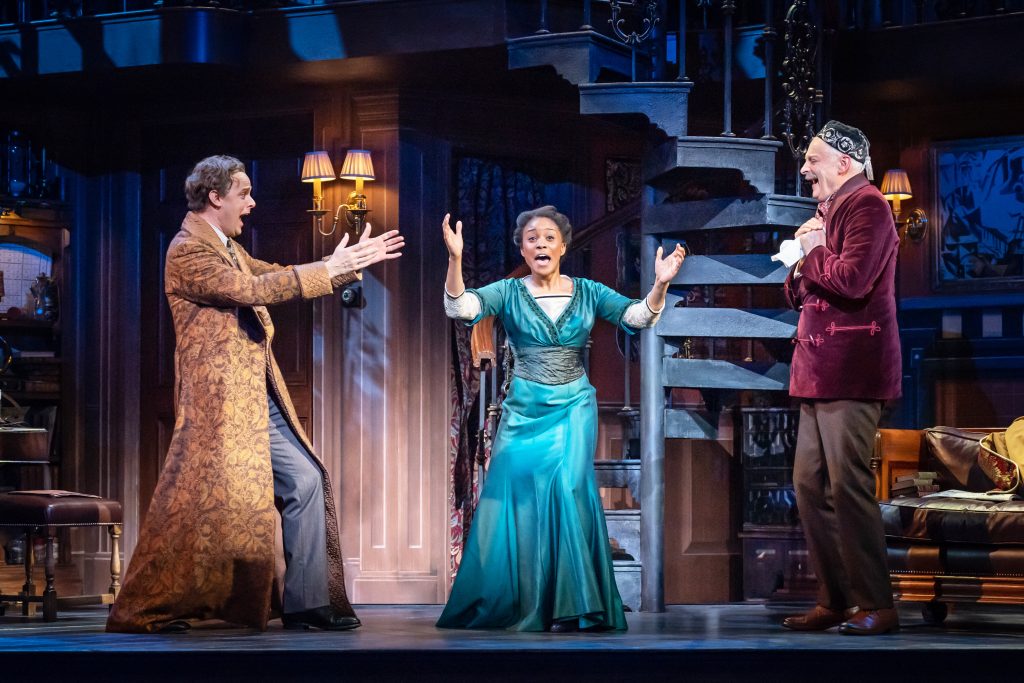 Harry Hadden-Paton as Professor Henry Higgins, Amara Okereke as Eliza Doolittle and Malcolm Sinclair as Colonel Pickering. Credit Marc Brenner