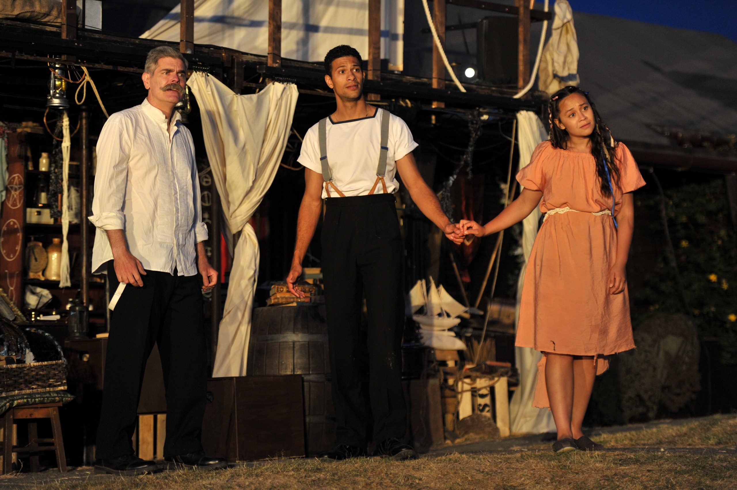 Jim Creighton, Benjamin Aluwihare and Dewi Mutiara Sarginson as Alonso, Ferdinand and Miranda