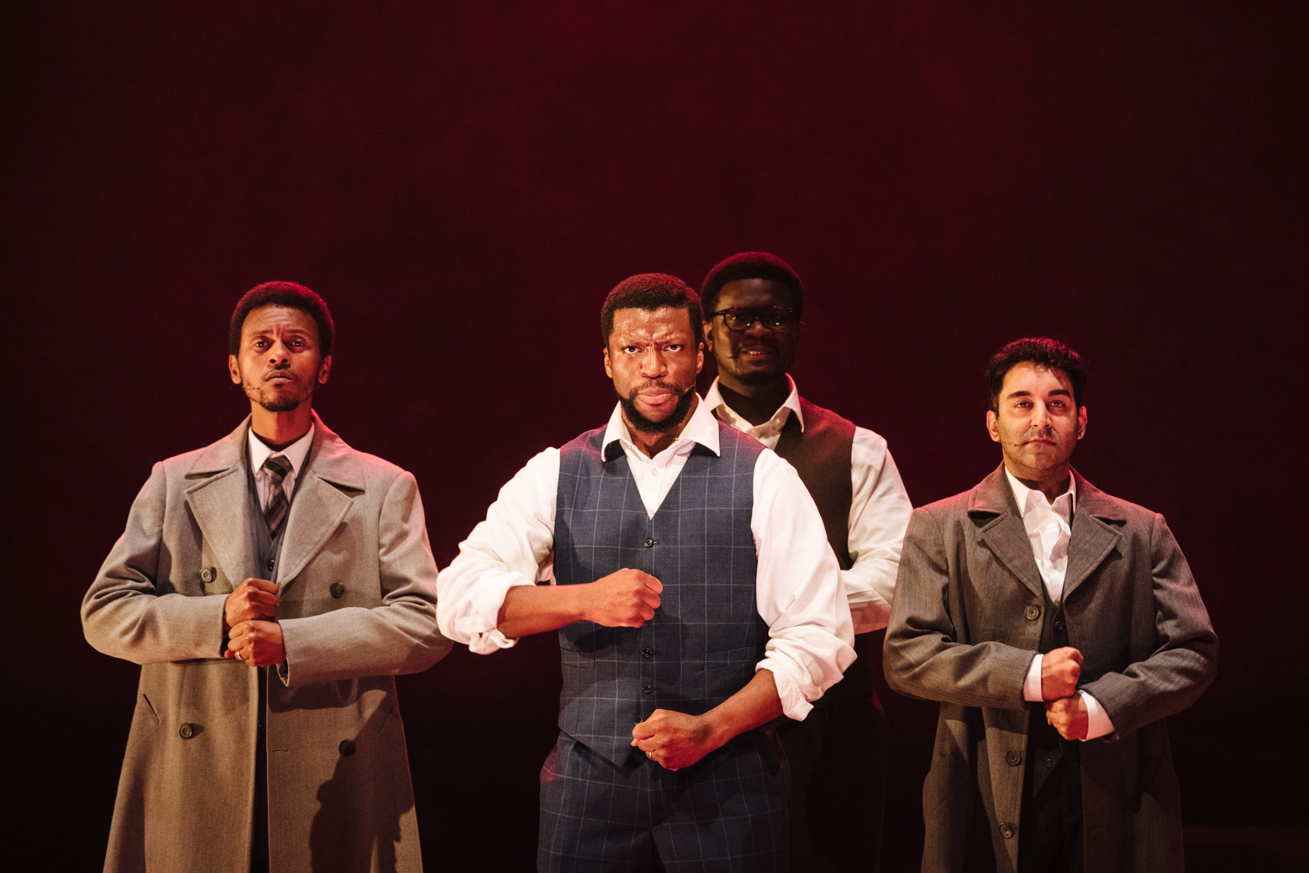 L-R Ntsikelelo Nicholas Vani, Michael Luwoye, Akmed Junior Khemalai and Shiv Rabheru in Mandela at Young Vic (c) Helen Murray