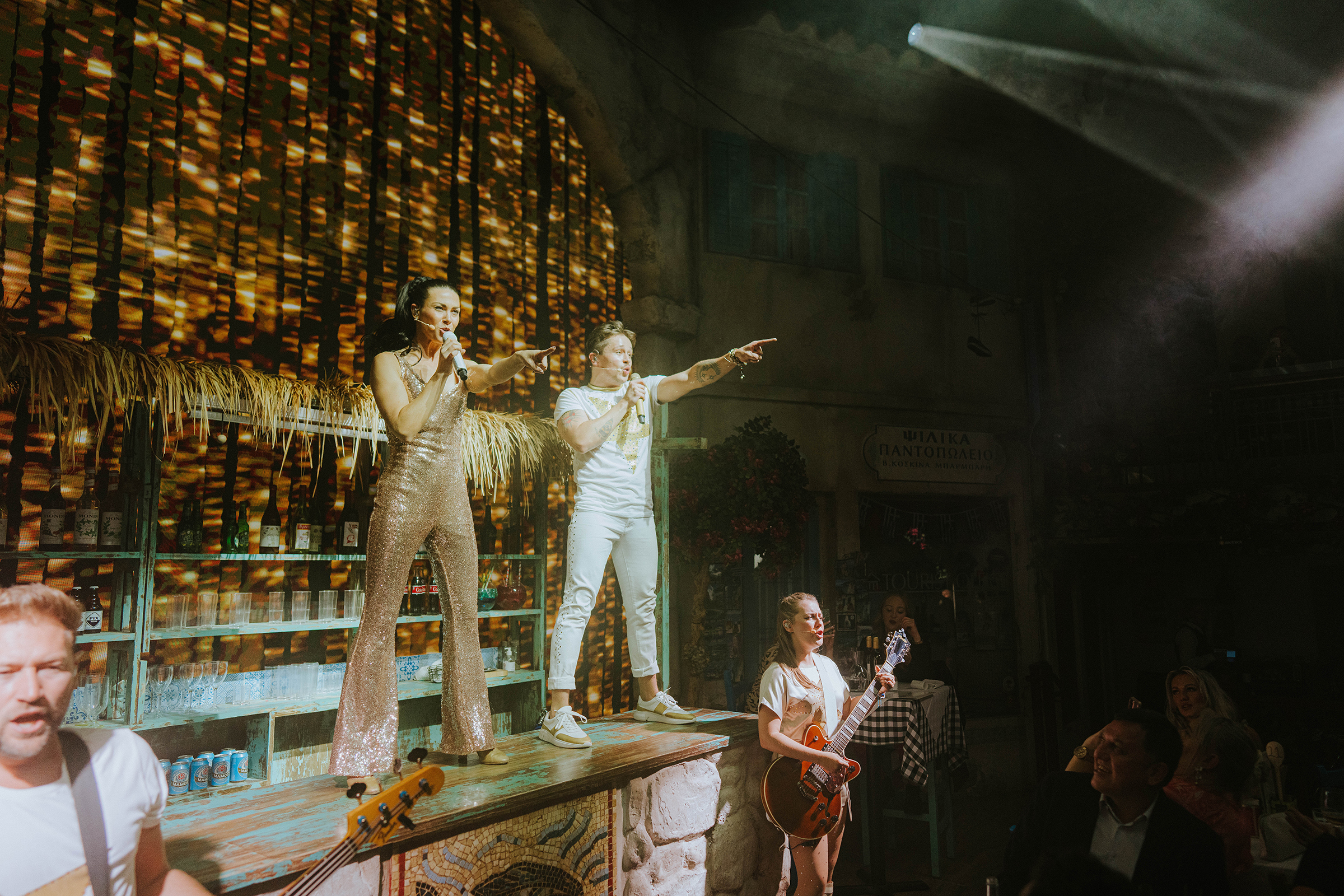 Steve Rushton, Tamara Perks, Luke Friend, Kathryn Tindall in Mamma Mia! The Party at The O2. Photo by Grant Walker