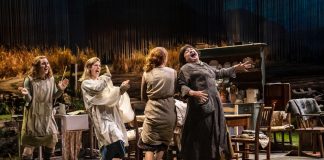 Dancing at Lughansa – review Bláithín Mac Gabhann (Rose), Alison Oliver (Chris), Louisa Harland (Agnes) & Siobhán McSweeney (Maggie) in Dancing at Lughnasa at the National Theatre. Photo by Johan Persson