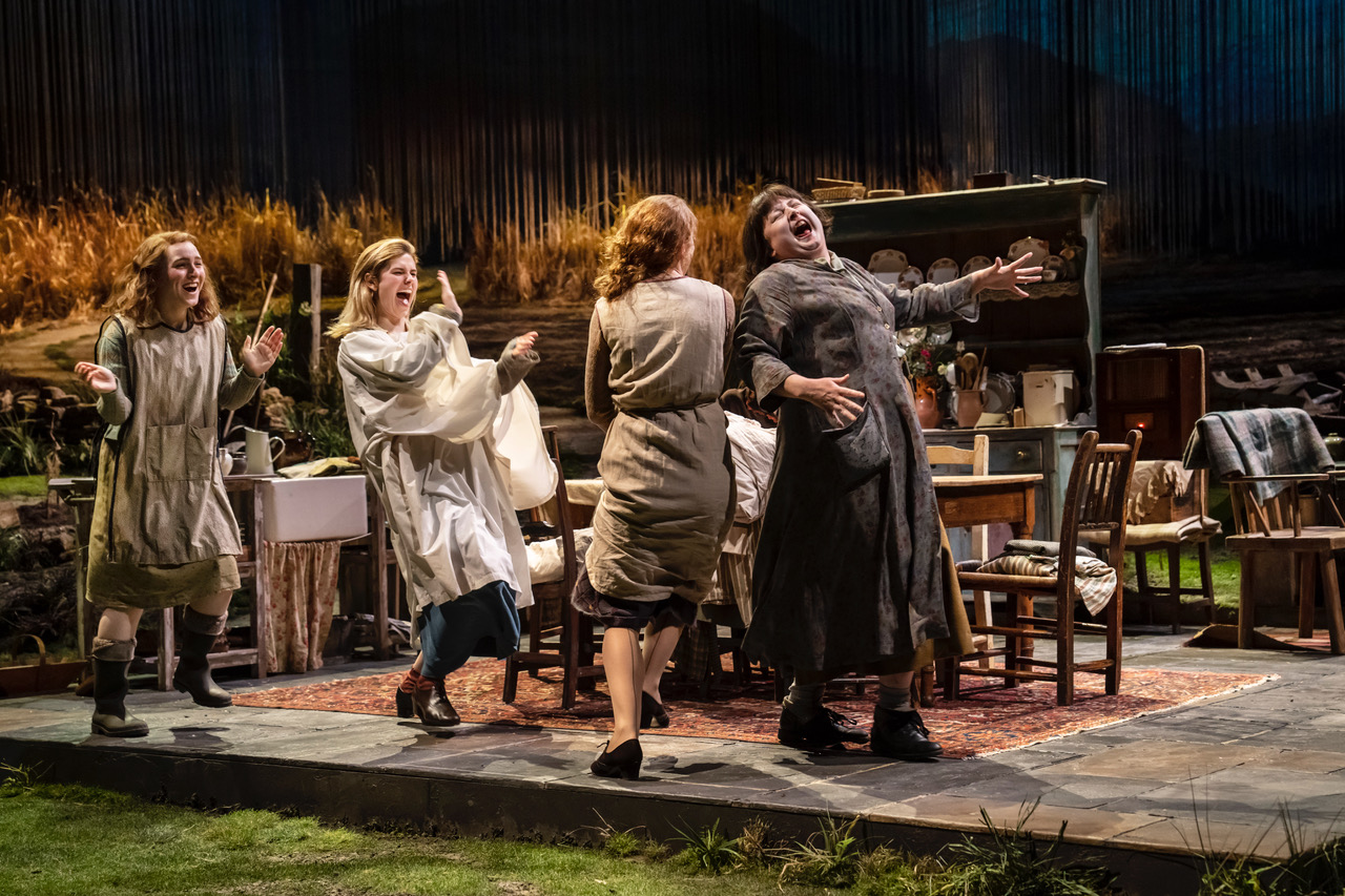 Bláithín Mac Gabhann (Rose), Alison Oliver (Chris), Louisa Harland (Agnes) & Siobhán McSweeney (Maggie) in Dancing at Lughnasa at the National Theatre. Photo by Johan Persson
