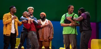 For Black Boys Who Have Considered Suicide When the Hue Gets Too Heavy by Ryan Calais Cameron – review For Black Boys Who Have Considered Suicide When the Hue Gets too Heavy (Apollo Theatre) Aruna Jalloh, Nnabiko Ejimofor, Darragh Hand, Emmanuel Akwafo, Kaine Lawrence, and Mark Akintimehin(c) Ali Wright