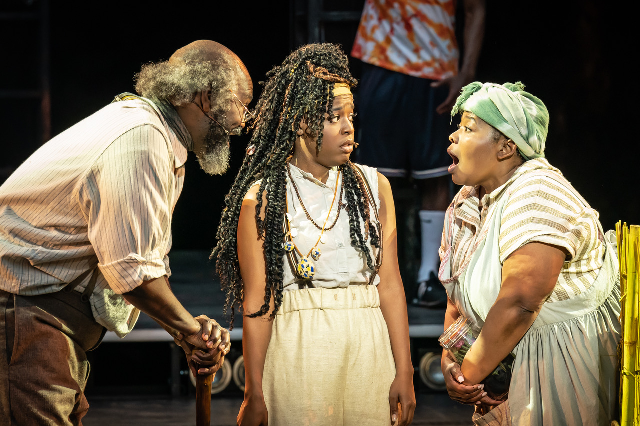 Chris Jarman (Tonton), Gabrielle Brooks (Ti Moune) and Natasha Magigi (Mama Euralie) in ' Once On This Island'. Photographer Marc Brenner