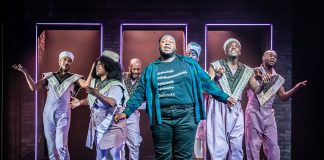 A Strange Loop – review L-R: Nathan Armarkwei-Laryea (Thought 2), Sharlene Hector (Thought 1), Danny Bailey (Thought 5), Kyle Ramar Freeman (Usher), Tendai Humphrey Sitima (Thought 4), Yeukayi Ushe (Thought 3), Eddie Elliott (Thought 6)