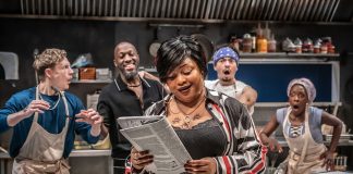 Clyde’s by Lynn Nottage – review Patrick Gibson, Giles Terera, Gbemisola Ikumelo, Sebastian Orozco and Ronkẹ Adékọluẹ́jọ́ in CLYDE'S - Donmar - photo by Marc Brenner
