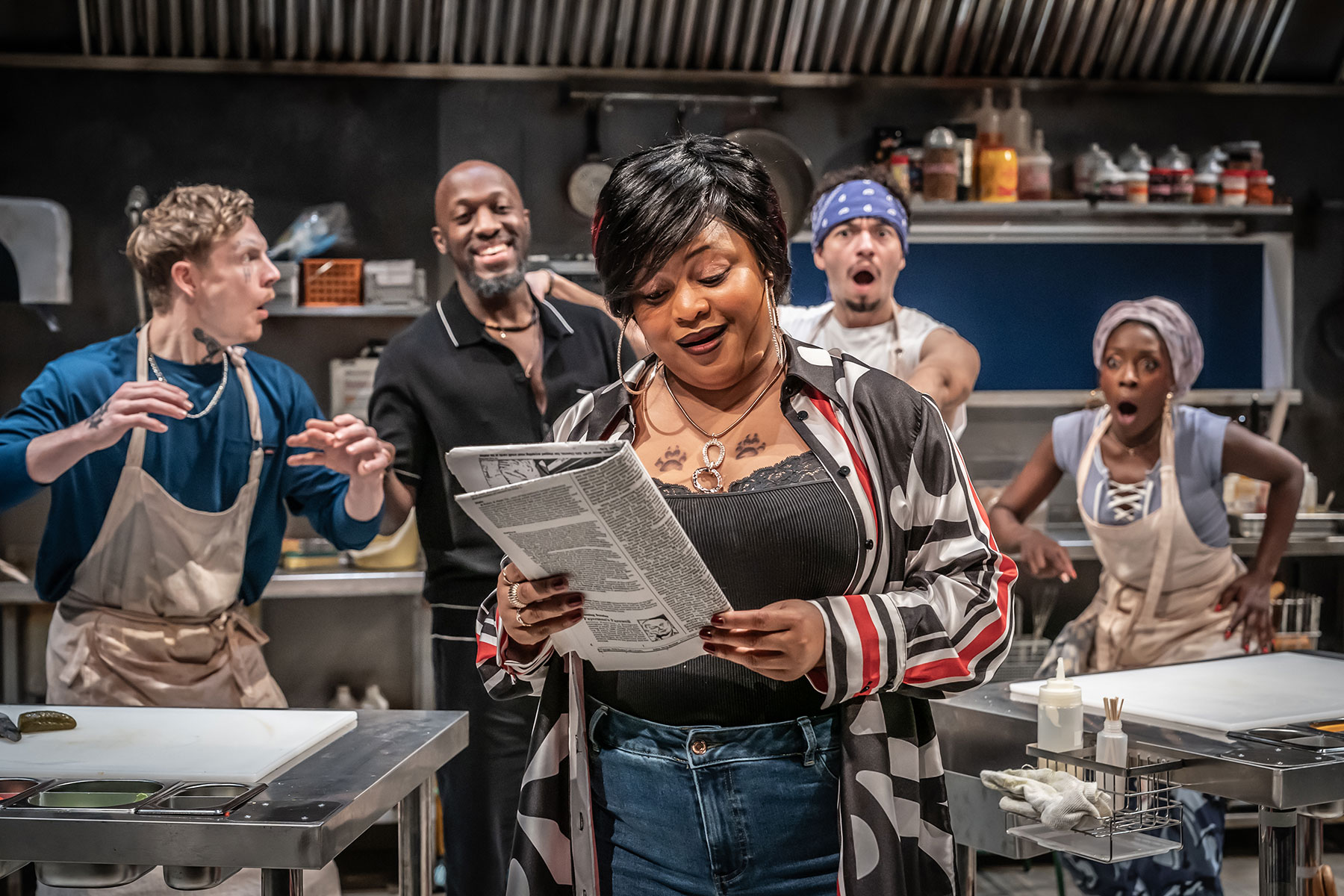 Patrick Gibson, Giles Terera, Gbemisola Ikumelo, Sebastian Orozco and Ronkẹ Adékọluẹ́jọ́ in CLYDE'S - Donmar - photo by Marc Brenner