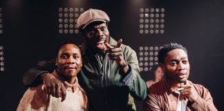 The Lonely Londoners – review: Tobi Bakare, Gilbert Kyem Jnr, Gamba Cole in The Lonely Londoners at Jermyn Street Theatre, photo by Alex Brenner