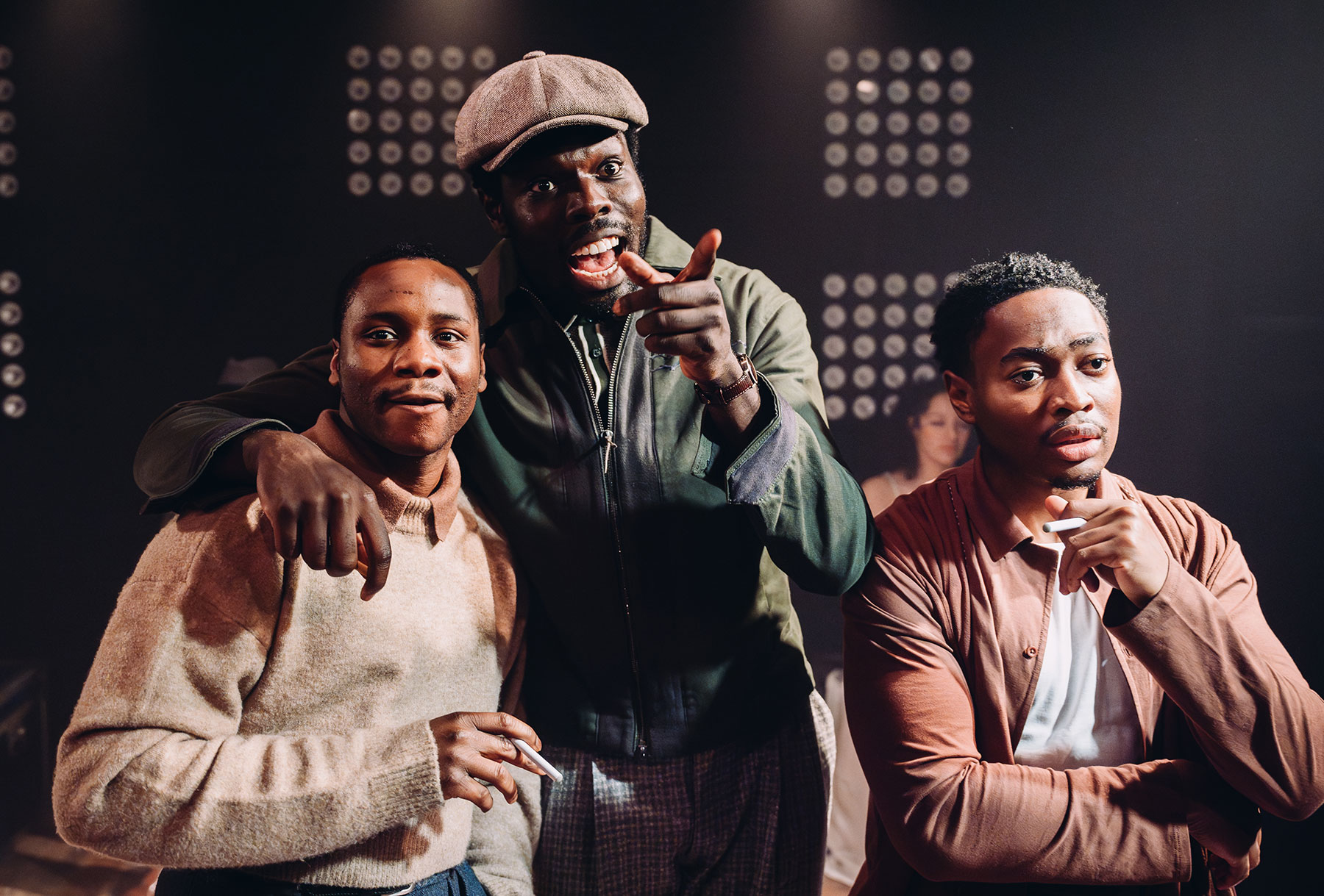 Tobi Bakare, Gilbert Kyem Jnr, Gamba Cole in The Lonely Londoners at Jermyn Street Theatre, photo by Alex Brenner