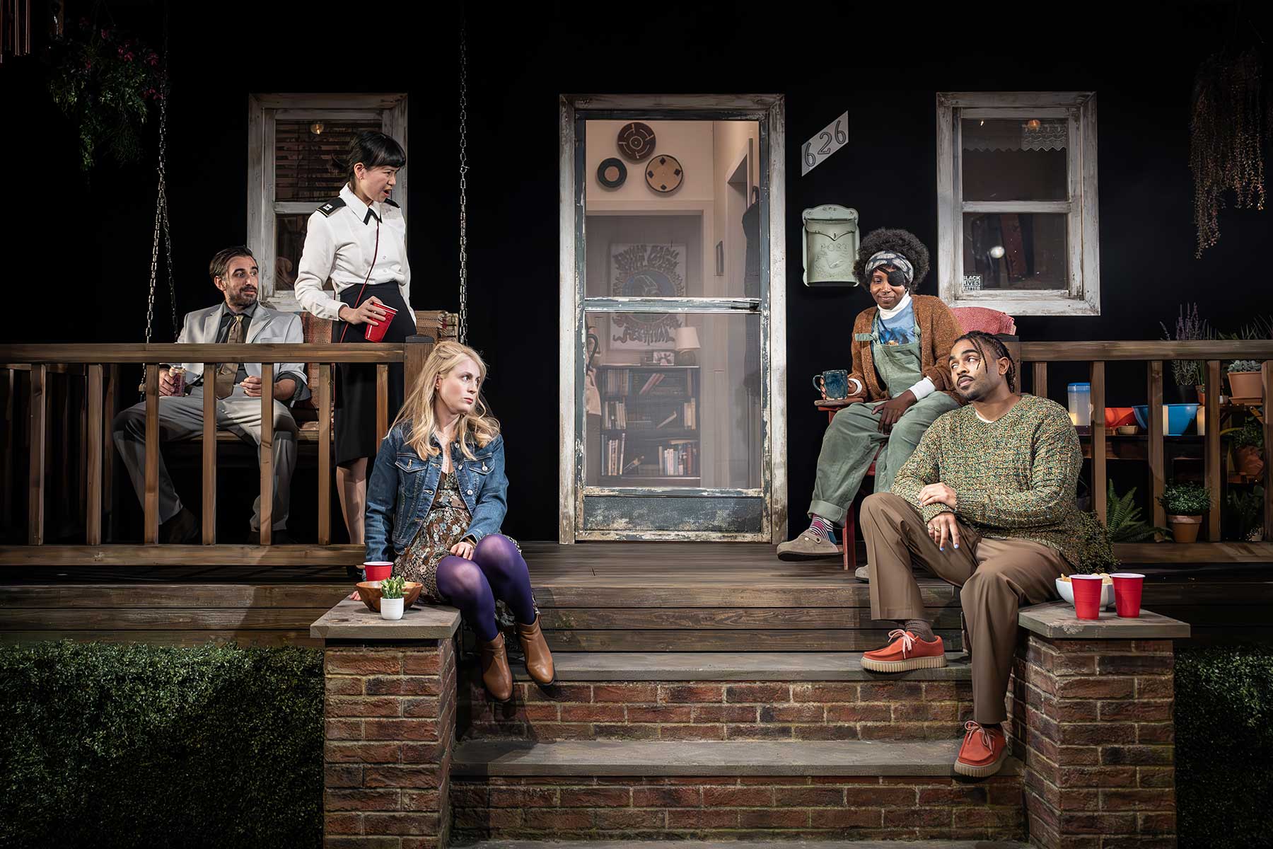 The Comeuppance Ferdinand Kingsley, Katie Leung, Yolanda Kettle, Tamara Lawrance and Anthony Welsh- (Almeida Theatre ) Credit. Marc Brenner 