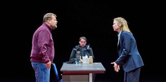 The Constituent by Joe Penhall – review: James Corden, Zachary Hart and Anna Maxwell Martin in The Constituent at The Old Vic – credit Manuel Harlan