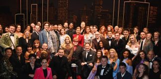 ON WORLD AIDS DAY, SUNDAY 01 DECEMBER A SPECIAL GALA PERFORMANCE OF THE DEVIL WEARS PRADA A NEW MUSICAL WAS PRESENTED IN SUPPORT OF THE ELTON JOHN AIDS FOUNDATION Elton John, David Furnish, Donatella Versace with cast and producers of The Devil Wears Prada photo Tom Dymond