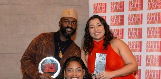 Announcing the winners from the 28th Alfred Fagon Award and the fourth Mustapha Matura Award and Mentoring Programme Inua Ellams, Leanna Benjamin and Ilayda McIntosh Alfred Fagon Awards 2024 (c) Sharron Wallace