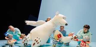 There’s a Bear on My chair by Ross Collins – review Ben Thompson, Fred Davis, Elisa de Grey and Ailsa Dalling with Party Mice, Bear and Mouse in There_s a Bear on My Chair. Photo by Dan Tsantilis