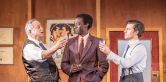 Retrograde by Ryan Calais Cameron – review Retrograde. Stanley Townsend (Mr Parks), Ivanno Jeremiah (Sidney Poitier) & Oliver Johnstone (Bobby). Credit - Marc Brenner