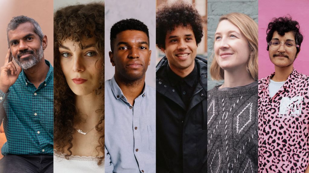 Left to right: Andre Bagoo (© Azriel Boodram), Daisy Lafarge (© Murdo MacLeod), Okechukwu Nzelu (© Alex Douglas), Johny Pitts (© Jamie Stoker), Ellen Wiles (© Emily Stein), Soofiya (© Sharon Kilgannon)