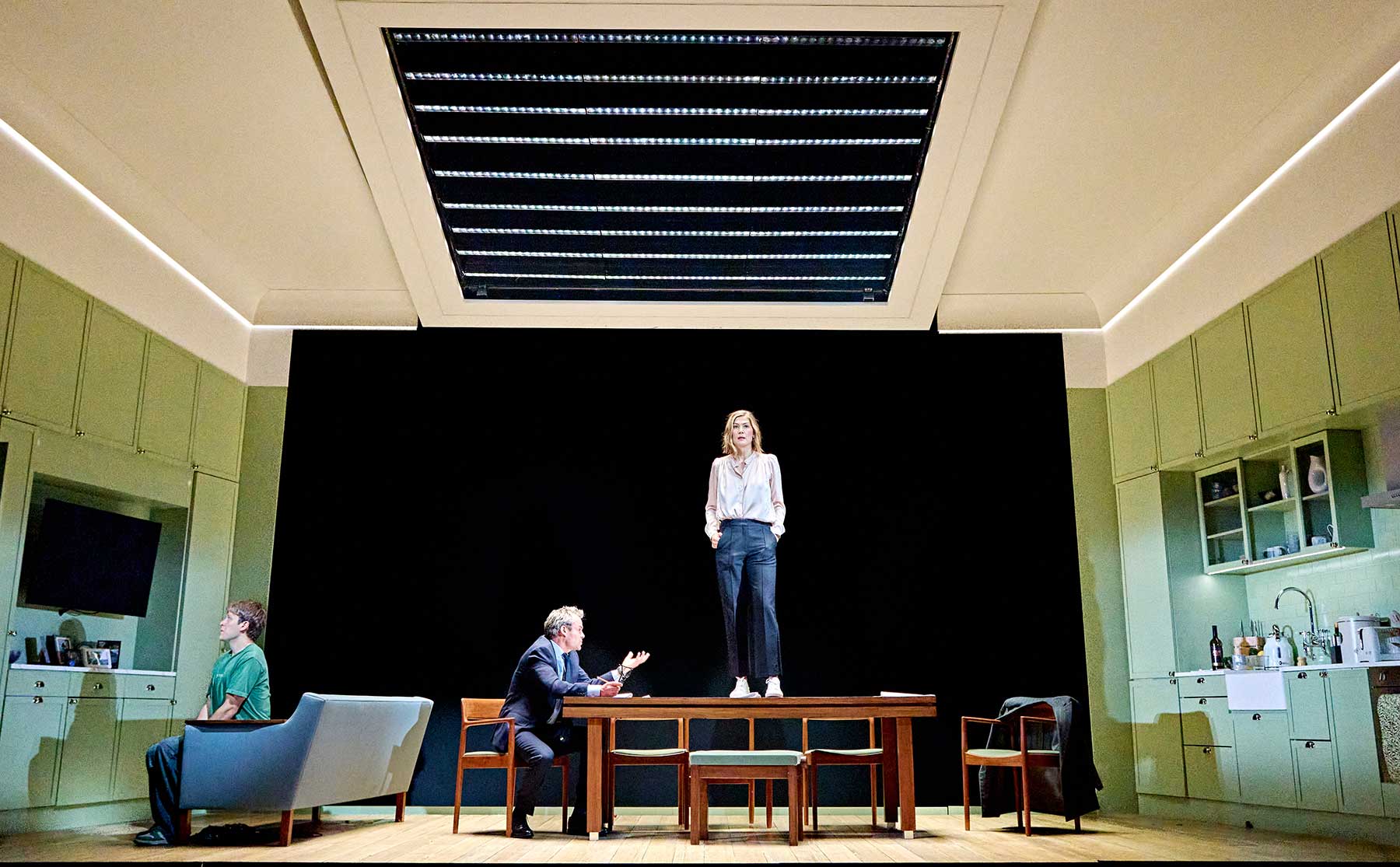 Inter Alia – review 1 Jasper Talbot (Harry), Jamie Glover (Michael) and Rosamund Pike (Jessica) in Inter Alia at the National Theatre. (c) Manuel Harlan