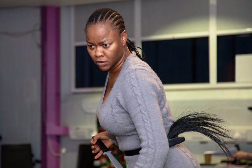 Kehinde Bankole in rehearsals for Crown of Blood. Credit Diva Creative