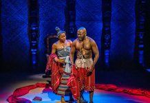 Crown of Blood – review Kehinde Bankole as Oyebisi and Deyemi Okanlawon as Aderemi in Crown of Blood, Utopia Theatre & Sheffield Theatres. © Robling Photography