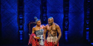 Crown of Blood – review Kehinde Bankole as Oyebisi and Deyemi Okanlawon as Aderemi in Crown of Blood, Utopia Theatre & Sheffield Theatres. © Robling Photography