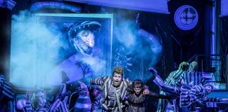 Beetlejuice the Musical – review David Fynn as Beetlejuice and Hannah Nordberg as Lydia Deetz with Company © Johan Persson