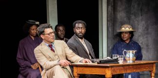To Kill a Mockingbird – review Richard Coyle (Atticus Finch) Aaron Shosanya (Tom Robinson) with the To Kill A Mockingbird cast. Photo by Johan Persson
