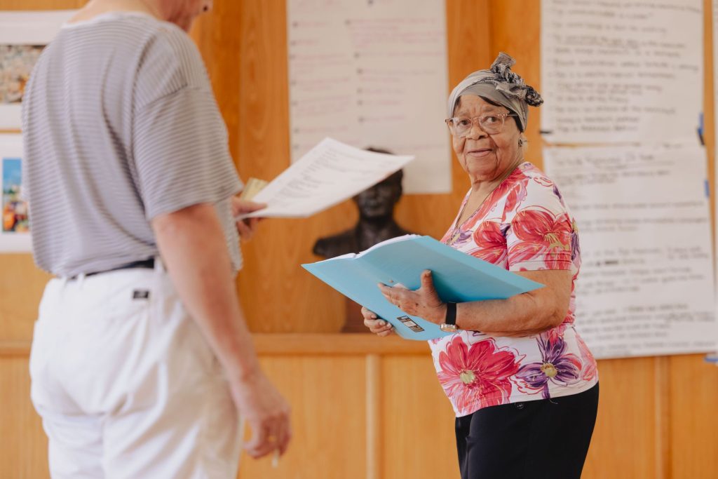 FIRST LOOK AT REHEARSALS FOR THE WORLD PREMIERE OF TARTUFFE (REMIXED) STARRING MARK RYLANCE AT MARYLEBONE THEATRE 2 Blanche Williams plays Grandma