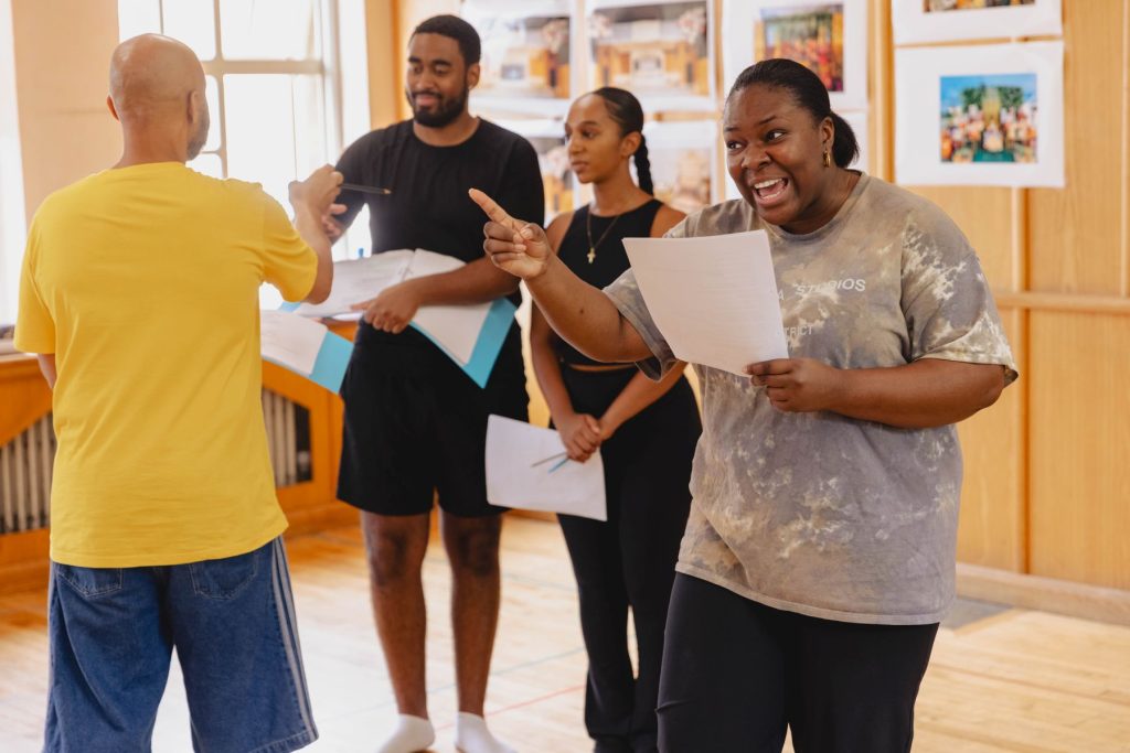FIRST LOOK AT REHEARSALS FOR THE WORLD PREMIERE OF TARTUFFE (REMIXED) STARRING MARK RYLANCE AT MARYLEBONE THEATRE 5 Foreground Morenike Onajobi plays Kemi