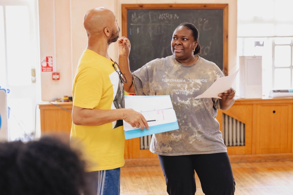 FIRST LOOK AT REHEARSALS FOR THE WORLD PREMIERE OF TARTUFFE (REMIXED) STARRING MARK RYLANCE AT MARYLEBONE THEATRE 7 L-R Craig Blake and Morenike Onajobi play Delroy and Kemi