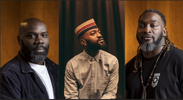 Michael ‘Mikey J’ Asante, Inua Ellams, Kenrick ‘H2O’ Sandy. Photo credits Rebecca Lupton and Danny Kasirye
